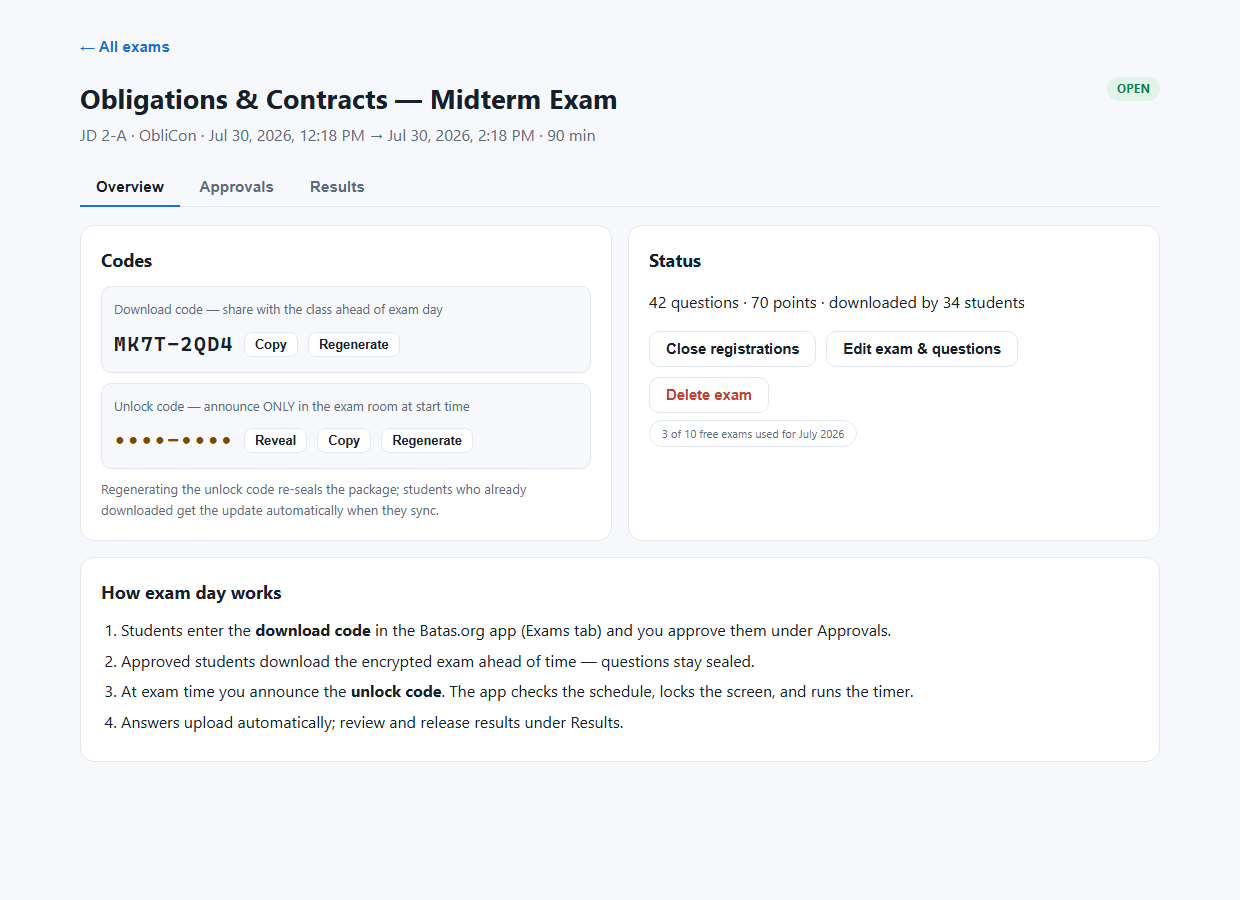 The ExamCenter on batas.org showing an Obligations and Contracts midterm: a download code to share with the class, a masked unlock code with a Reveal button, the exam’s status, and a short “How exam day works” list