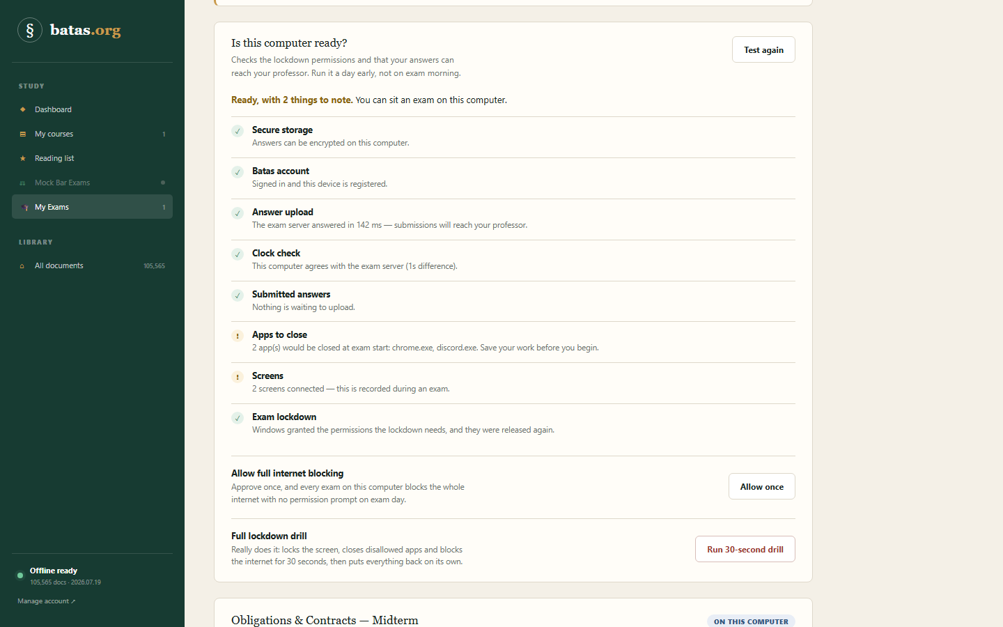 The app’s readiness check listing eight results: secure storage, account, answer upload, clock check, submitted answers, apps that would be closed, screens connected, and exam lockdown