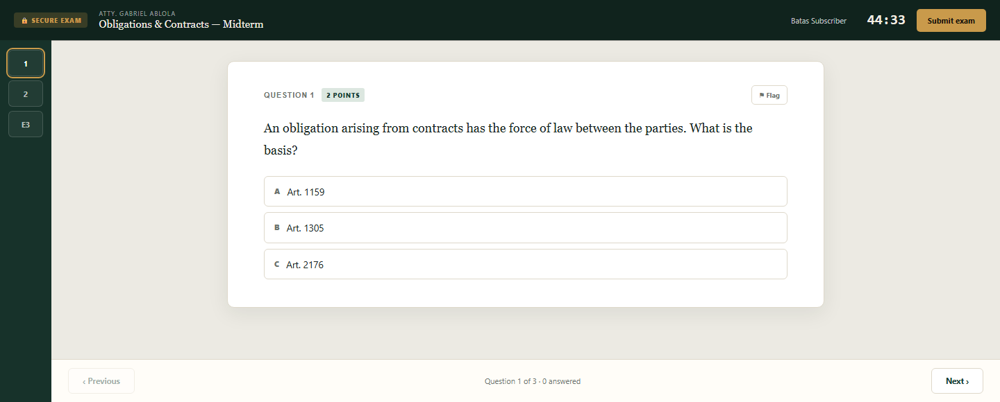 The desktop app in secure exam mode: a “Secure exam” badge in the top bar, a countdown, a numbered question rail, and a multiple-choice question on a white sheet