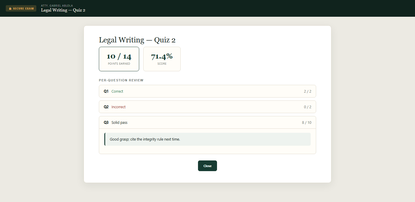 A released result in the app: 10 out of 14 points, a 71.4% score, and a per-question review with the professor’s comment on the essay